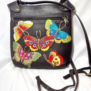 Anuschka Hand Painted Leather 3 Compartments Butterfly Crossbody Purse-NWOT-Zip
